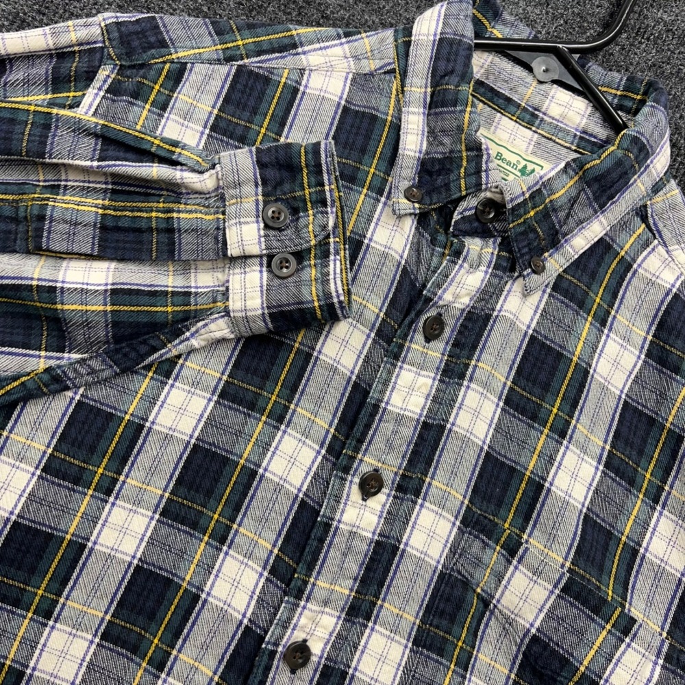 LL Bean Mens Small Regular Flannel Shirt Plaid Navy Blue White Yellow 228061